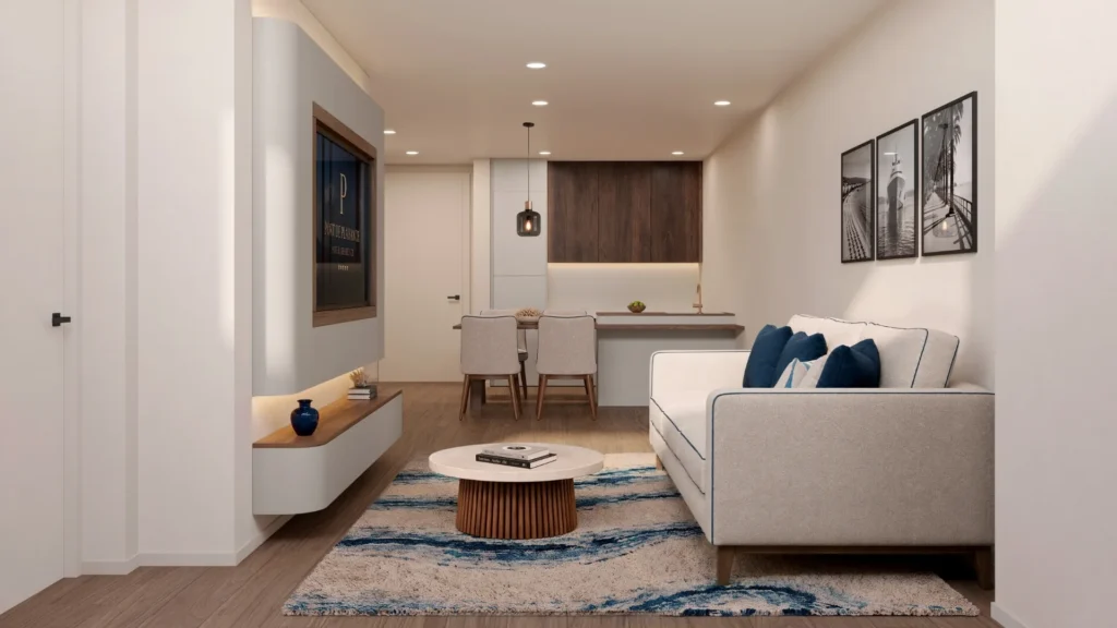 Port de Plaisance one-bedroom condo living room and kitchen Cole Bay Sint Maarten