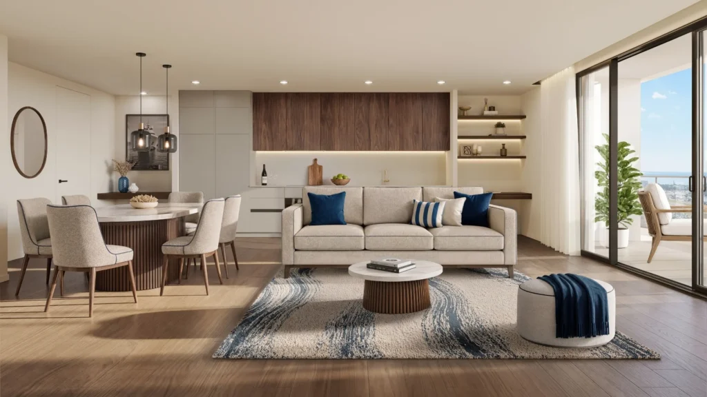Port de Plaisance two-bedroom condo living room with terrace Cole Bay Sint Maarten