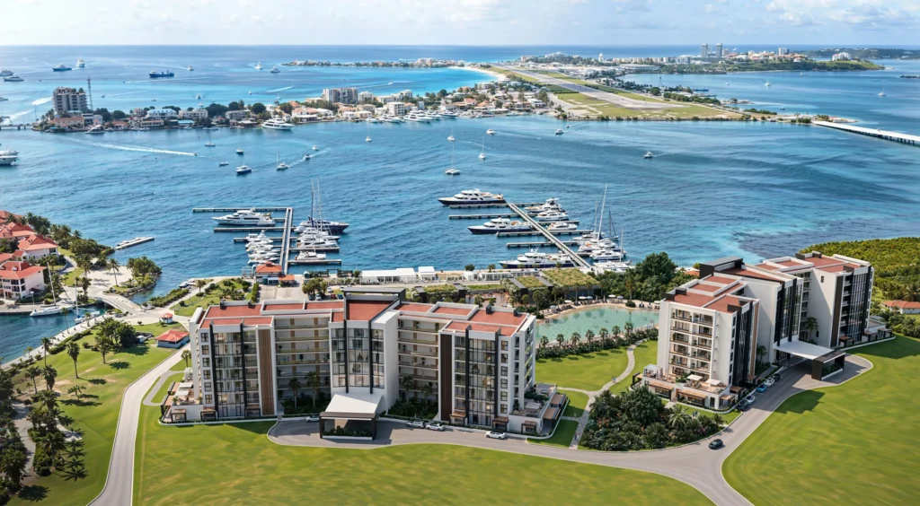 Aerial view of Port de Plaisance residences, marina and lagoon, Sint Maarten — 4U Real Estate