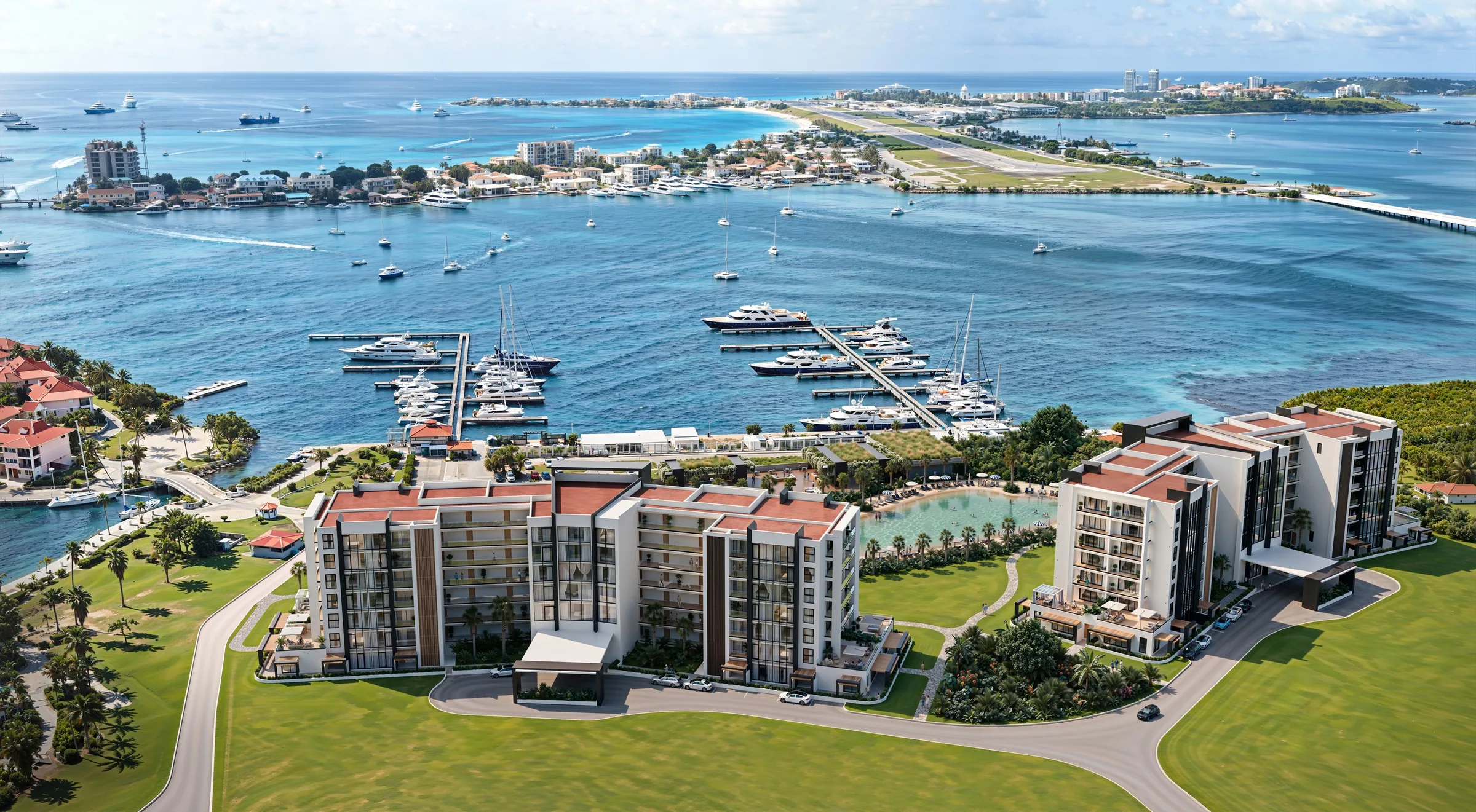 Aerial view of Port de Plaisance residences, marina and lagoon, Sint Maarten Aerial view of Port de Plaisance residences, marina and lagoon, Sint Maarten — 4U Real Estate