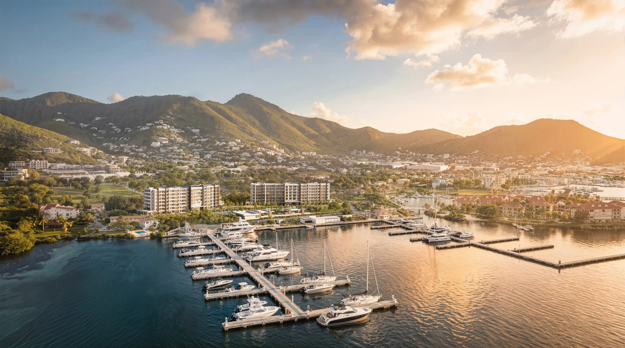 Port de Plaisance waterfront residences and marina at sunset, Sint Maarten Port de Plaisance waterfront residences and marina at sunset, Sint Maarten — 4U Real Estate